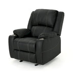 Sillón reclinable manual contemporáneo negro con portavasos de acero, tapicería de cuero sintético lujoso, reclinado ajustable