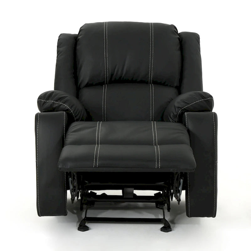 Sillón reclinable manual contemporáneo negro con portavasos de acero, tapicería de cuero sintético lujoso, reclinado ajustable