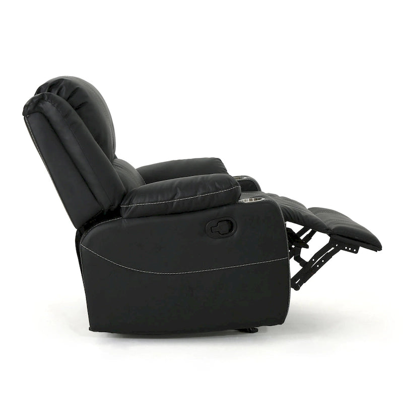 Sillón reclinable manual contemporáneo negro con portavasos de acero, tapicería de cuero sintético lujoso, reclinado ajustable