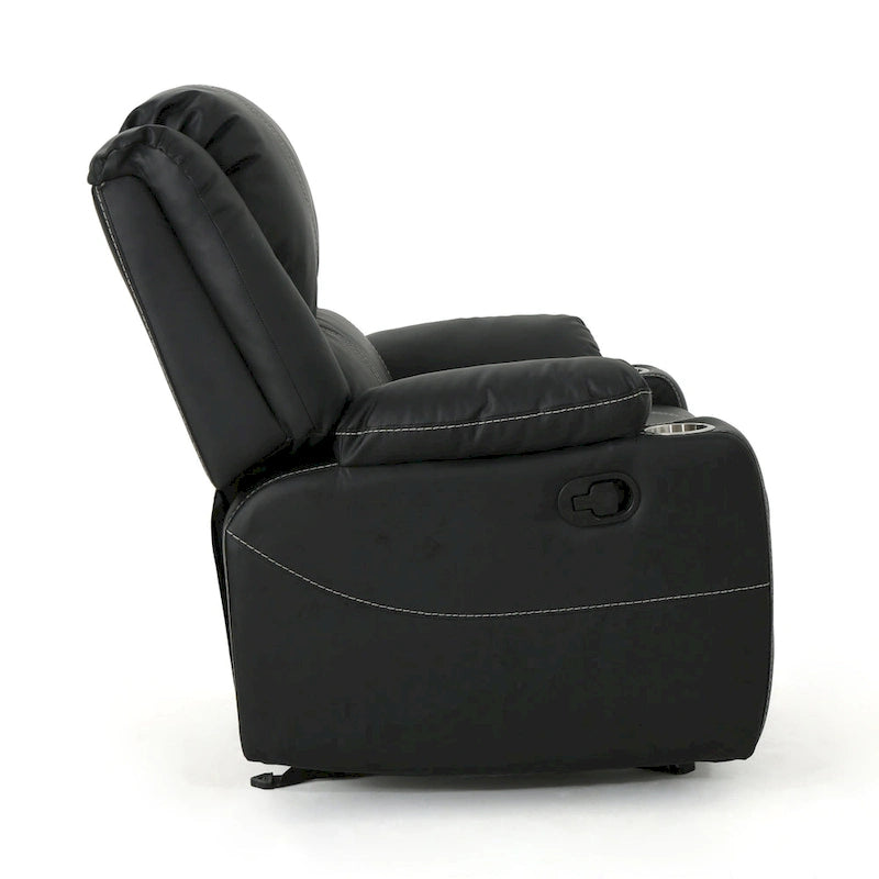 Sillón reclinable manual contemporáneo negro con portavasos de acero, tapicería de cuero sintético lujoso, reclinado ajustable