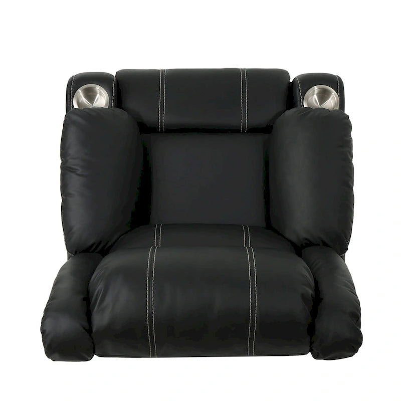 Sillón reclinable manual contemporáneo negro con portavasos de acero, tapicería de cuero sintético lujoso, reclinado ajustable