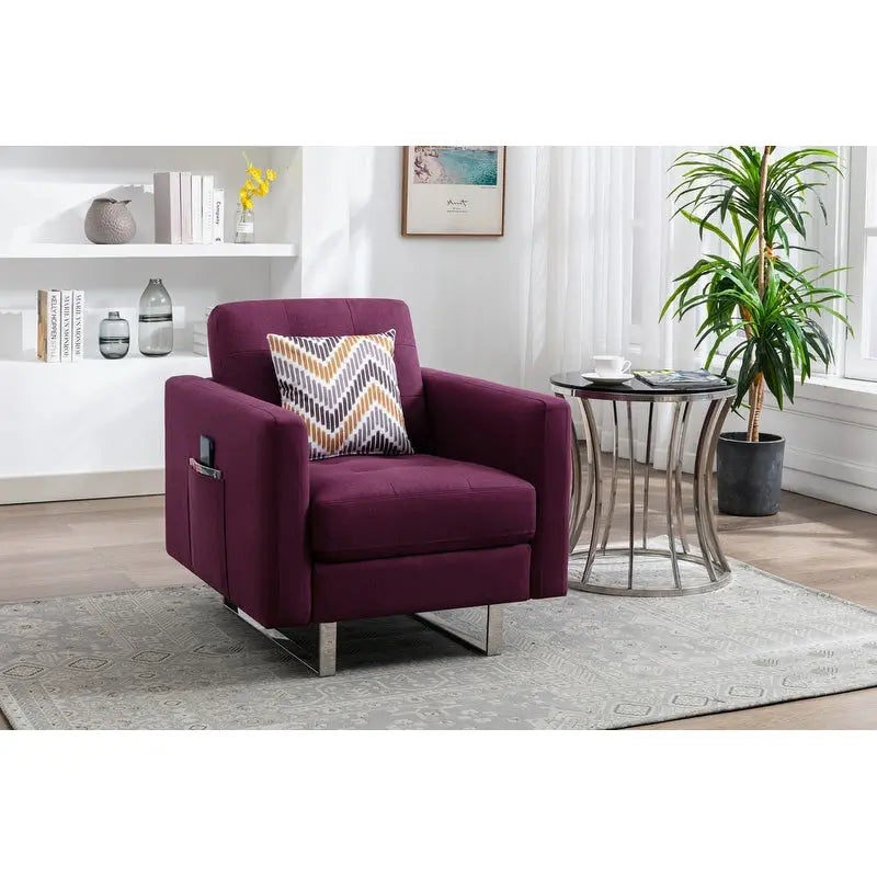 Sillón de tela de lino con patas de metal, bolsillos laterales y cojín