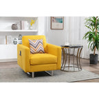 Sillón de tela de lino con patas de metal, bolsillos laterales y cojín