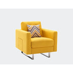 Sillón de tela de lino con patas de metal, bolsillos laterales y cojín