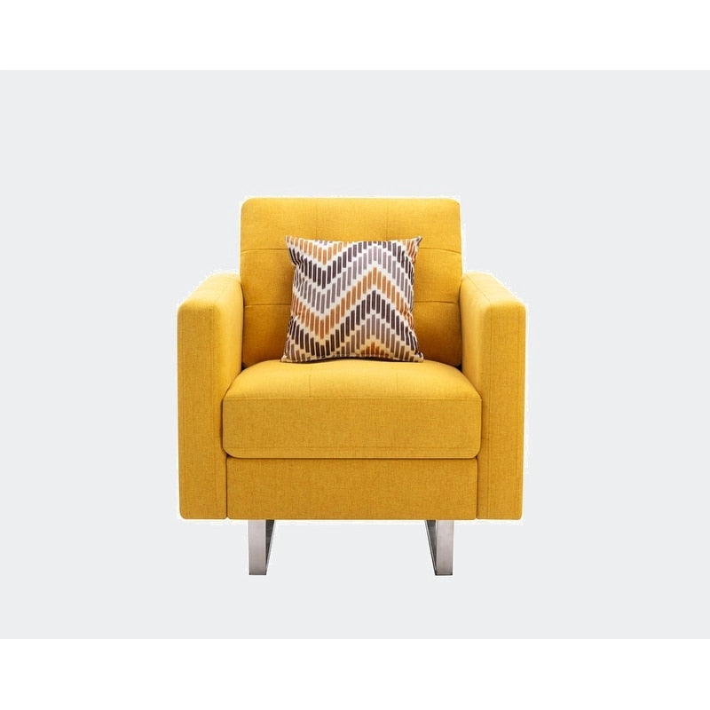 Sillón de tela de lino con patas de metal, bolsillos laterales y cojín
