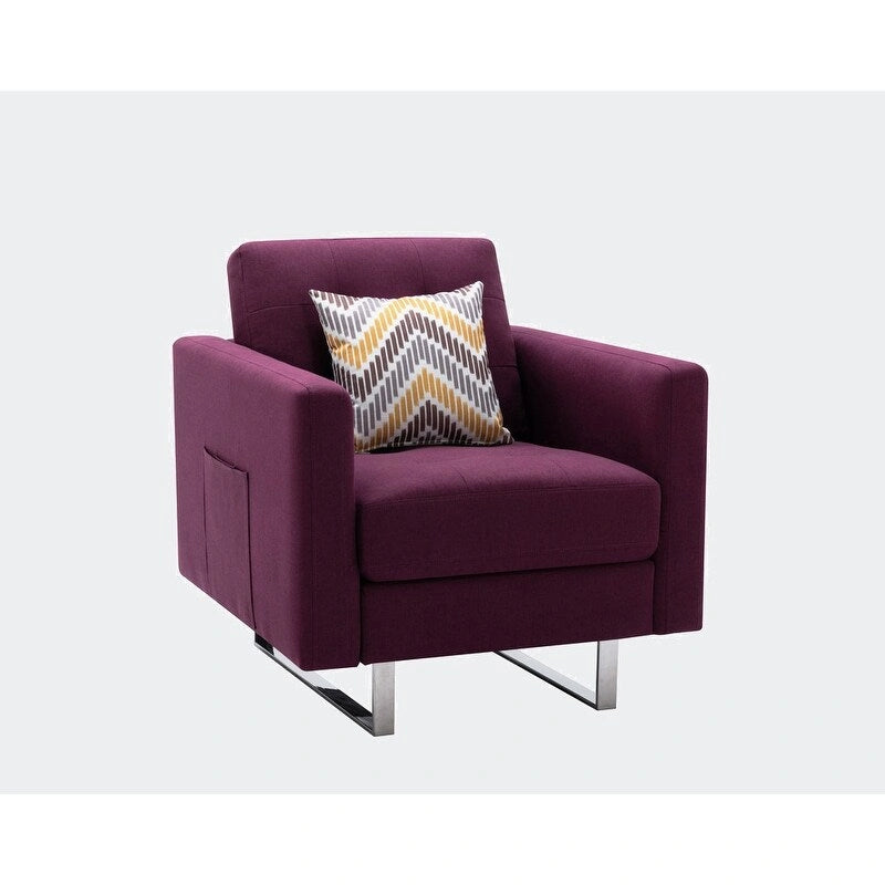 Sillón de tela de lino con patas de metal, bolsillos laterales y cojín