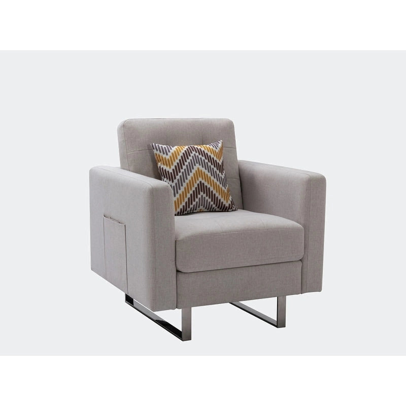 Sillón de tela de lino con patas de metal, bolsillos laterales y cojín