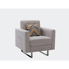 Sillón de tela de lino con patas de metal, bolsillos laterales y cojín