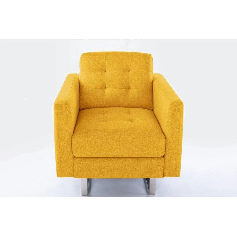 Sillón de tela de lino con patas de metal, bolsillos laterales y cojín