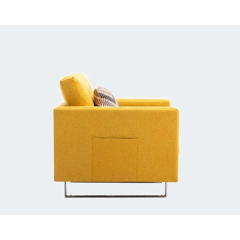 Sillón de tela de lino con patas de metal, bolsillos laterales y cojín