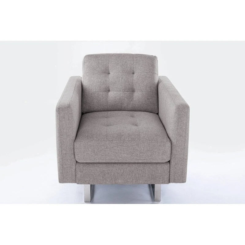 Sillón de tela de lino con patas de metal, bolsillos laterales y cojín