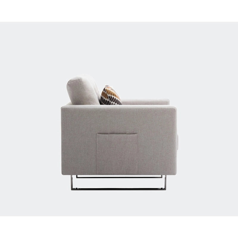 Sillón de tela de lino con patas de metal, bolsillos laterales y cojín