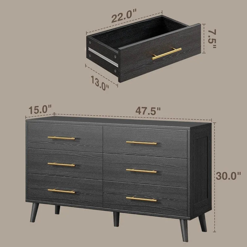 Cómoda doble de madera con 6 cajones, mueble con cajones, soporte de TV para dormitorio, sala de estar y entrada
