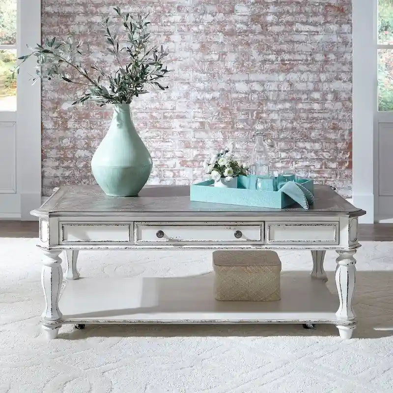 Mesa de cóctel rectangular blanca antigua Magnolia Manor