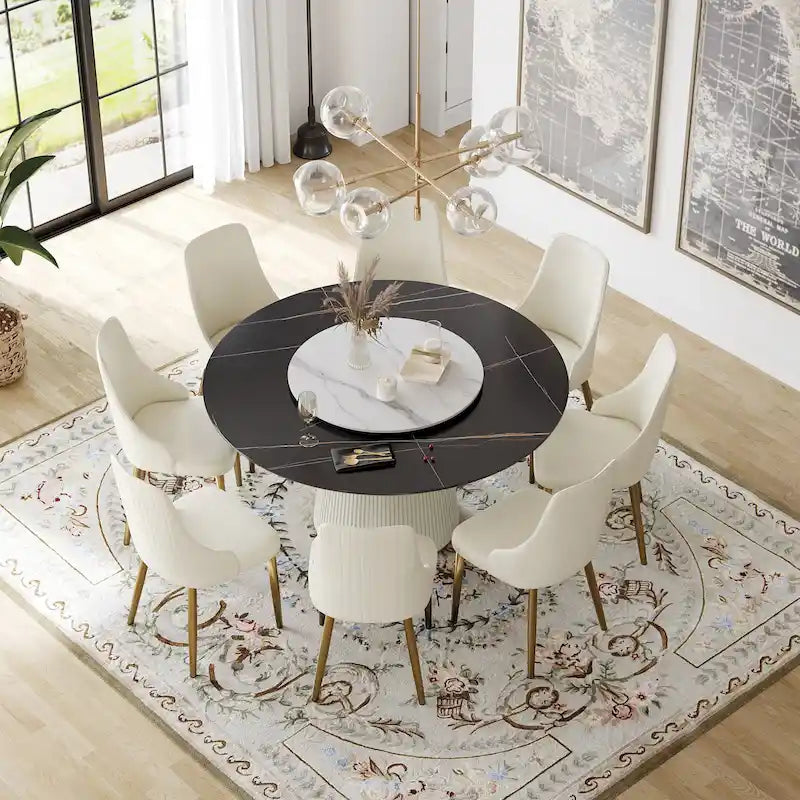 59 Mesa de comedor redonda para 8 personas, tablero de piedra sinterizada negra con Lazy Susan