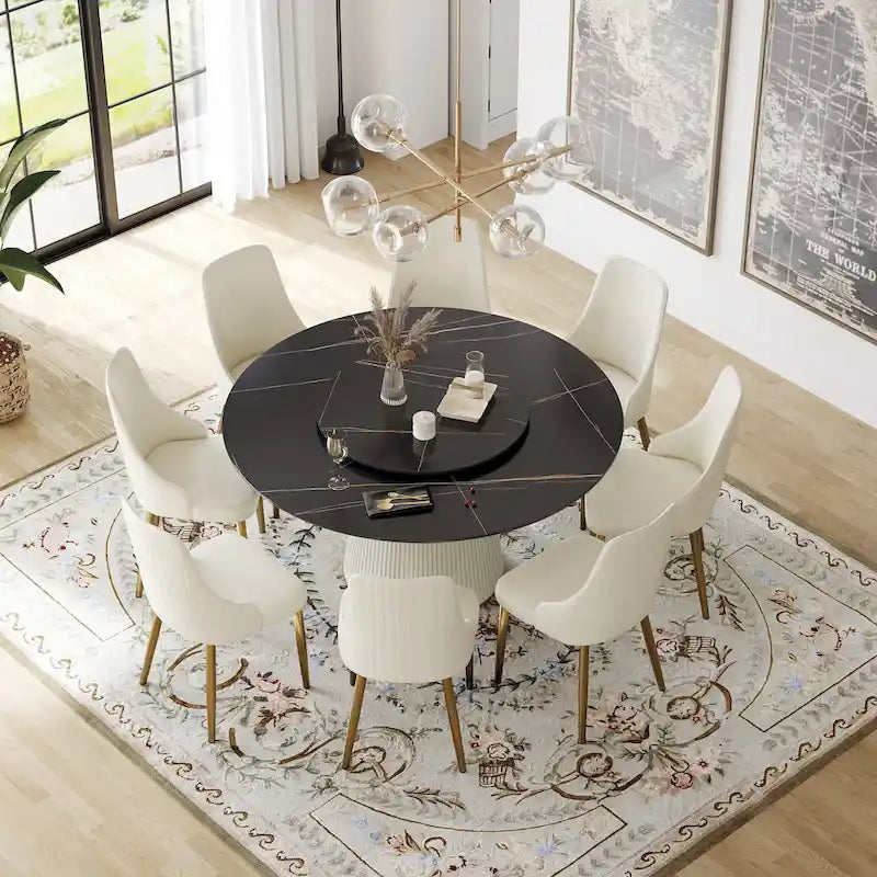 59 Mesa de comedor redonda para 8 personas, tablero de piedra sinterizada negra con Lazy Susan