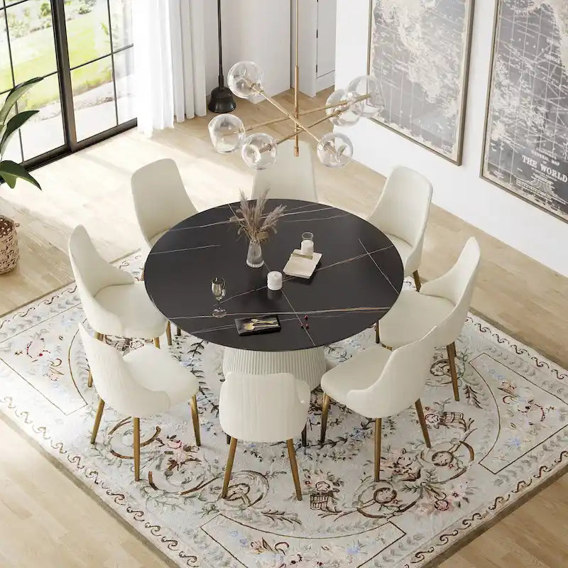 59 Mesa de comedor redonda para 8 personas, tablero de piedra sinterizada negra con Lazy Susan