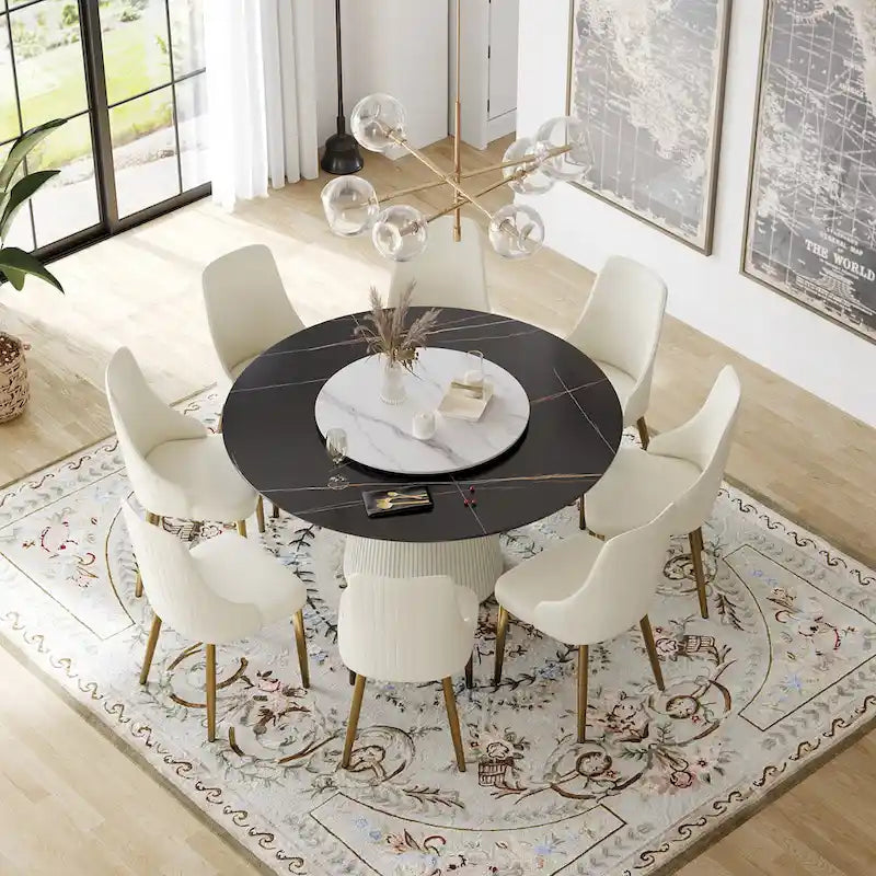 59  Round Dining Table for 8, Black Sintered Stone Tabletop with Lazy Susan