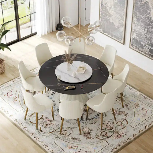 59  Round Dining Table for 8, Black Sintered Stone Tabletop with Lazy Susan