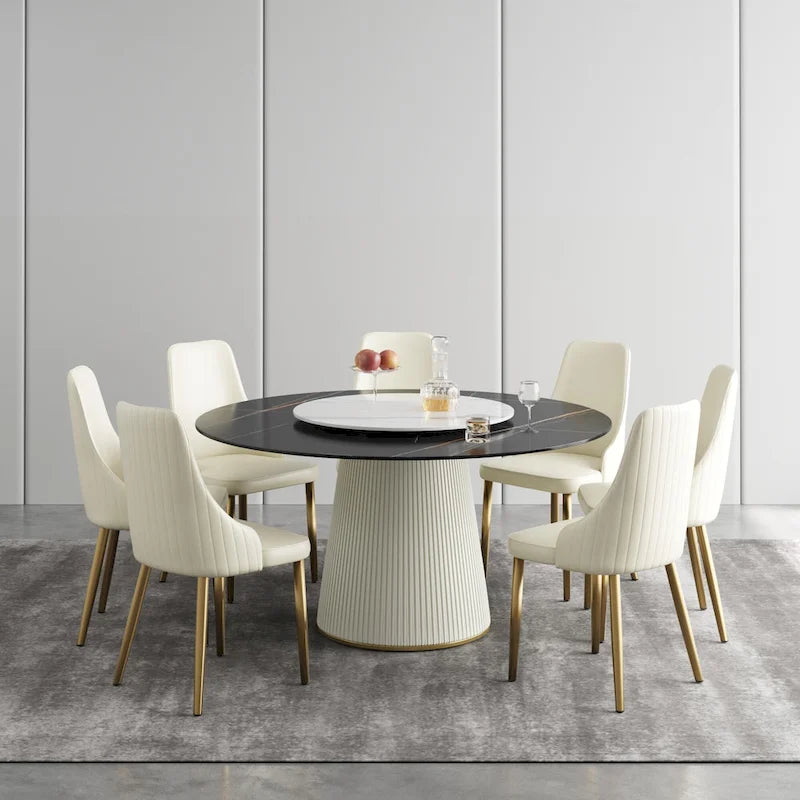 59 Mesa de comedor redonda para 8 personas, tablero de piedra sinterizada negra con Lazy Susan