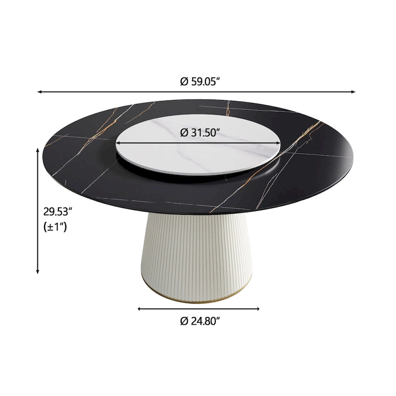 59 Mesa de comedor redonda para 8 personas, tablero de piedra sinterizada negra con Lazy Susan