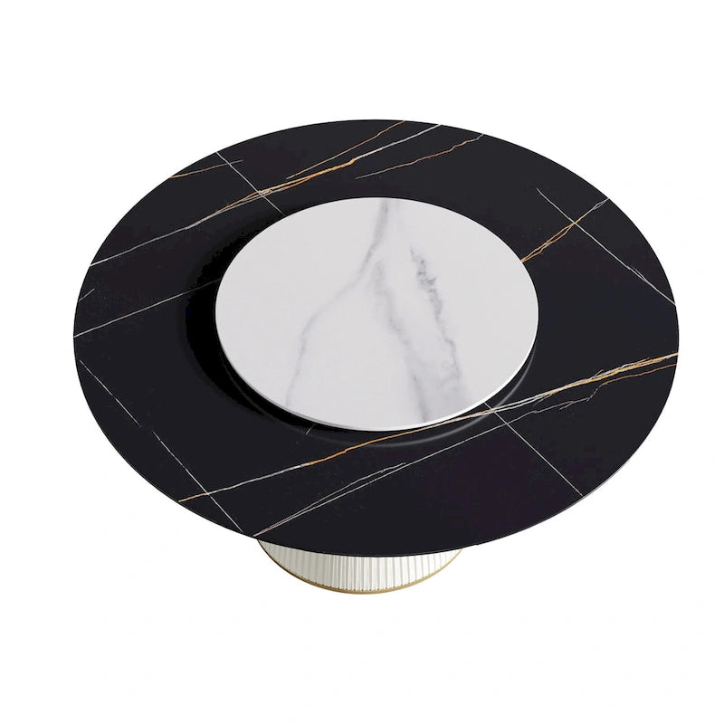 59 Mesa de comedor redonda para 8 personas, tablero de piedra sinterizada negra con Lazy Susan