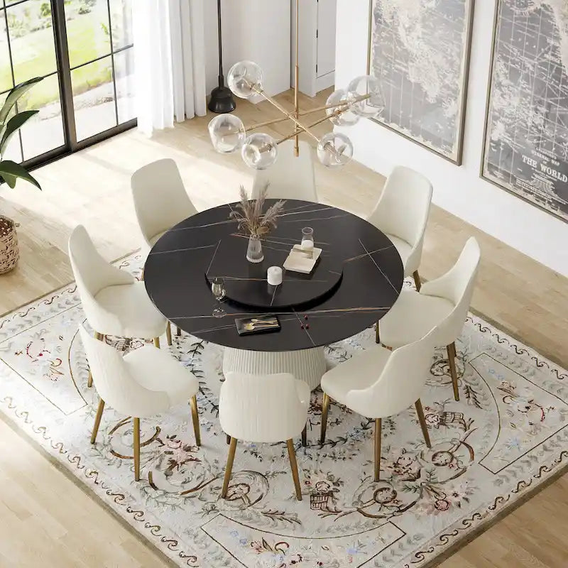 59 Mesa de comedor redonda para 8 personas, tablero de piedra sinterizada negra con Lazy Susan