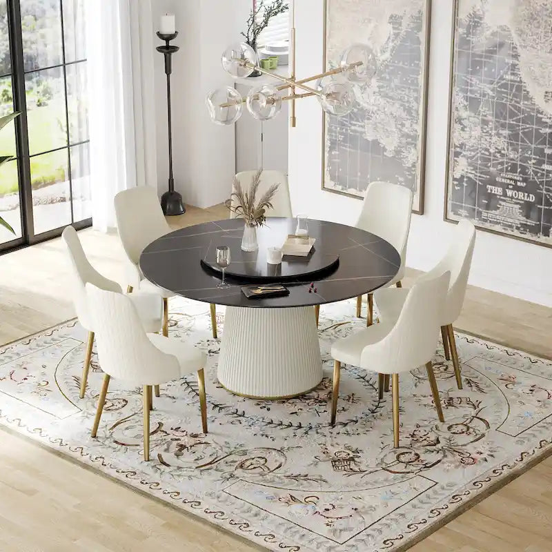 59 Mesa de comedor redonda para 8 personas, tablero de piedra sinterizada negra con Lazy Susan
