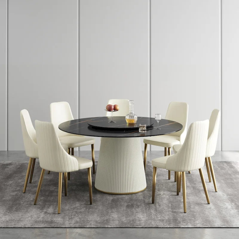 59 Mesa de comedor redonda para 8 personas, tablero de piedra sinterizada negra con Lazy Susan