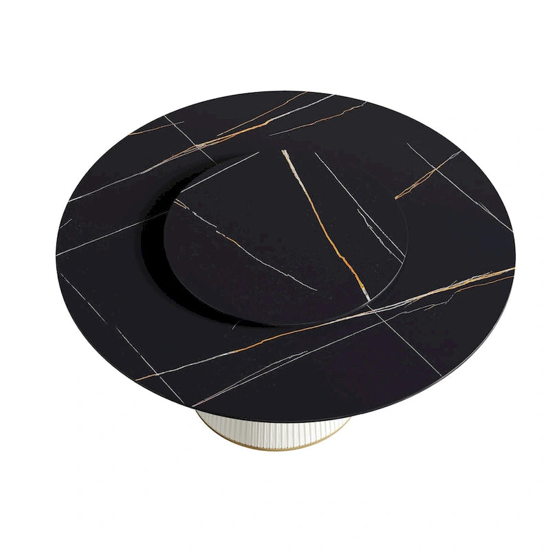 59 Mesa de comedor redonda para 8 personas, tablero de piedra sinterizada negra con Lazy Susan
