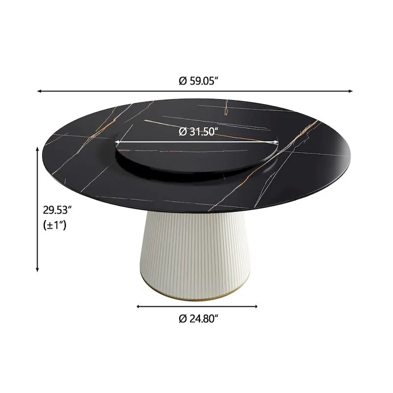 59 Mesa de comedor redonda para 8 personas, tablero de piedra sinterizada negra con Lazy Susan