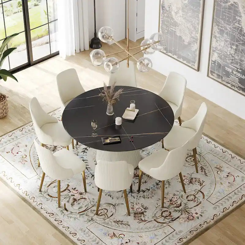59 Mesa de comedor redonda para 8 personas, tablero de piedra sinterizada negra con Lazy Susan