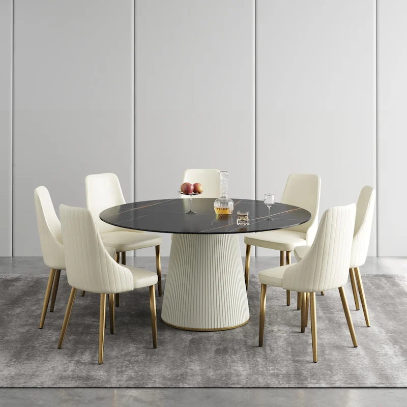 59 Mesa de comedor redonda para 8 personas, tablero de piedra sinterizada negra con Lazy Susan