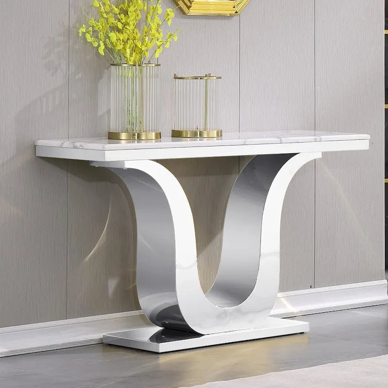 Mesa de consola de lujo de 50 pulgadas, rectangular, para sala de estar, mesa de entrada para sofá blanco con base en U de acero inoxidable