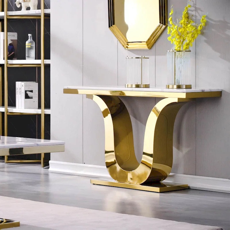 Mesa de consola de lujo de 50 pulgadas, rectangular, para sala de estar, mesa de entrada para sofá blanco con base en U de acero inoxidable