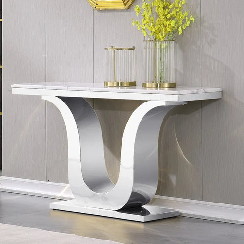 Mesa de consola de lujo de 50 pulgadas, rectangular, para sala de estar, mesa de entrada para sofá blanco con base en U de acero inoxidable