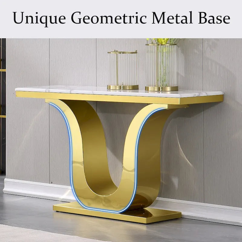 Mesa de consola de lujo de 50 pulgadas, rectangular, para sala de estar, mesa de entrada para sofá blanco con base en U de acero inoxidable