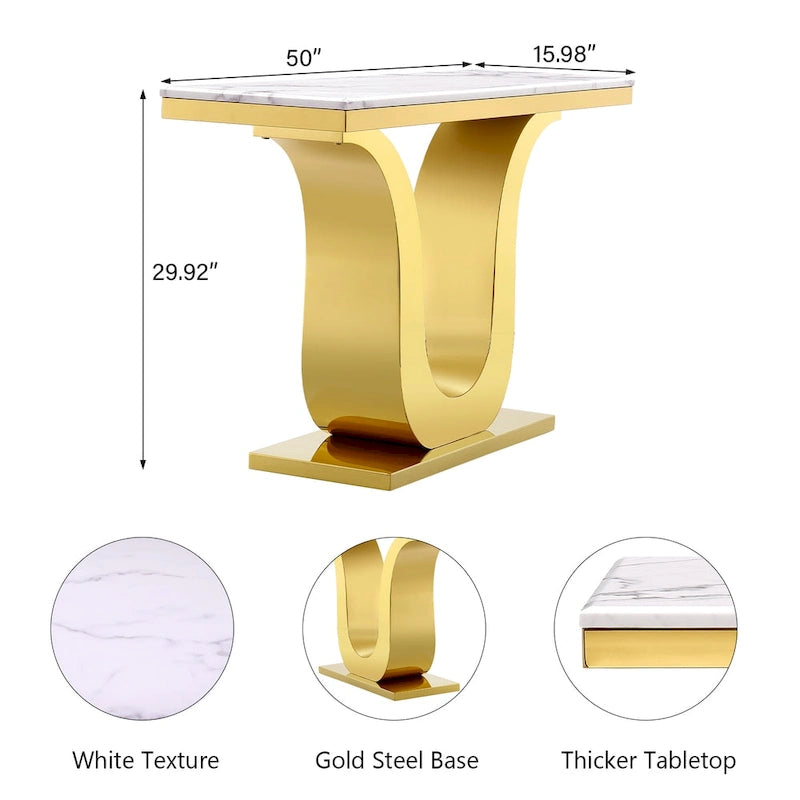 Mesa de consola de lujo de 50 pulgadas, rectangular, para sala de estar, mesa de entrada para sofá blanco con base en U de acero inoxidable