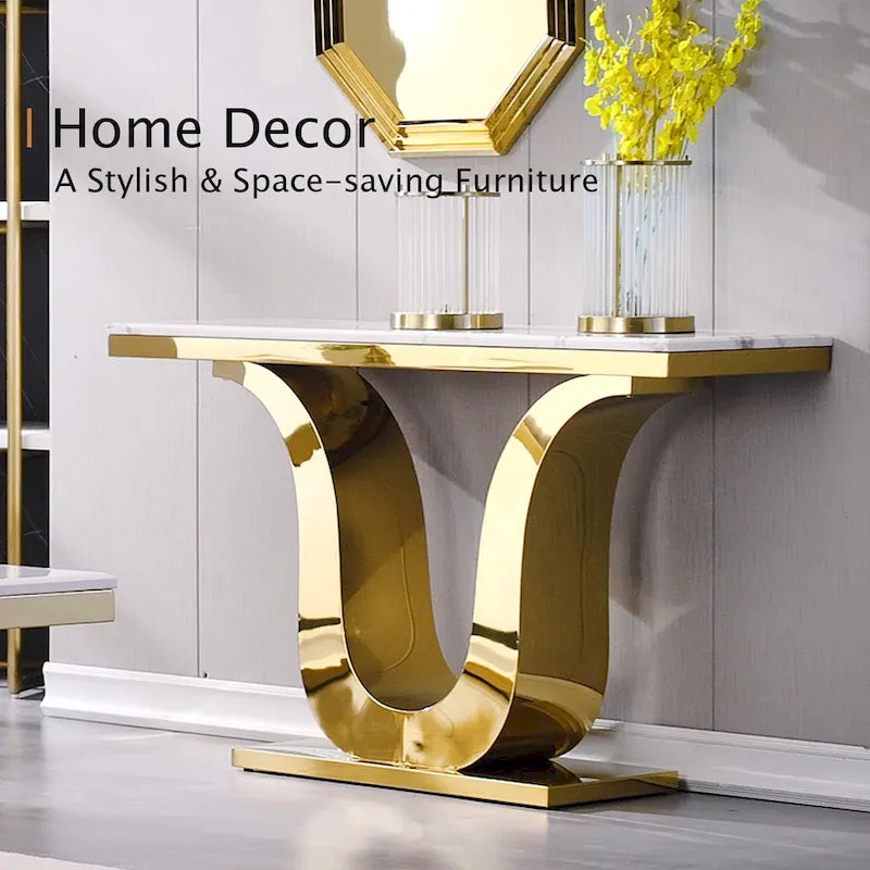 Mesa de consola de lujo de 50 pulgadas, rectangular, para sala de estar, mesa de entrada para sofá blanco con base en U de acero inoxidable