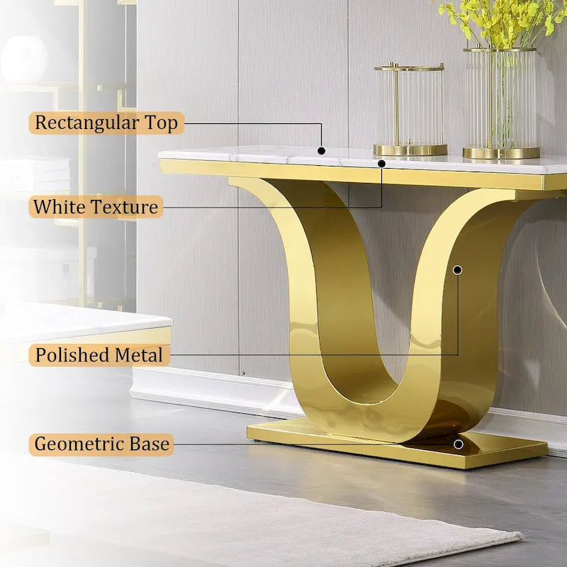 Mesa de consola de lujo de 50 pulgadas, rectangular, para sala de estar, mesa de entrada para sofá blanco con base en U de acero inoxidable