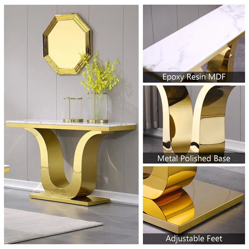Mesa de consola de lujo de 50 pulgadas, rectangular, para sala de estar, mesa de entrada para sofá blanco con base en U de acero inoxidable