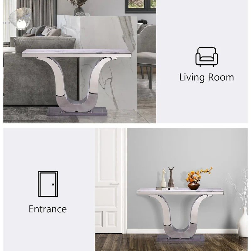 Mesa de consola de lujo de 50 pulgadas, rectangular, para sala de estar, mesa de entrada para sofá blanco con base en U de acero inoxidable