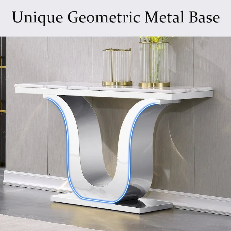 Mesa de consola de lujo de 50 pulgadas, rectangular, para sala de estar, mesa de entrada para sofá blanco con base en U de acero inoxidable