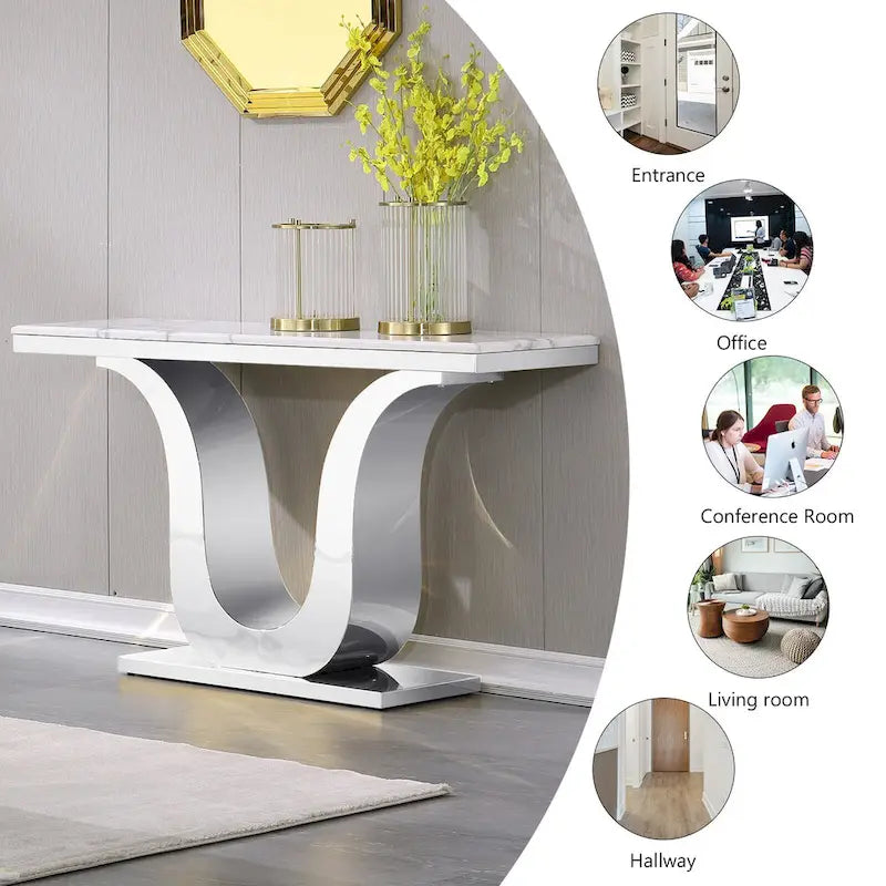 Mesa de consola de lujo de 50 pulgadas, rectangular, para sala de estar, mesa de entrada para sofá blanco con base en U de acero inoxidable