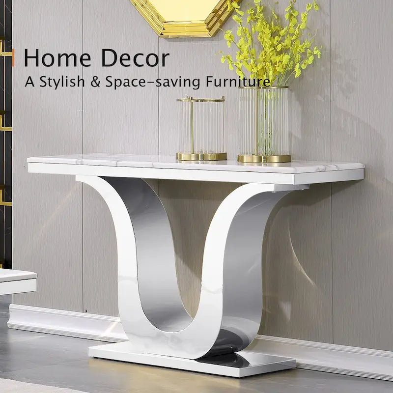 Mesa de consola de lujo de 50 pulgadas, rectangular, para sala de estar, mesa de entrada para sofá blanco con base en U de acero inoxidable