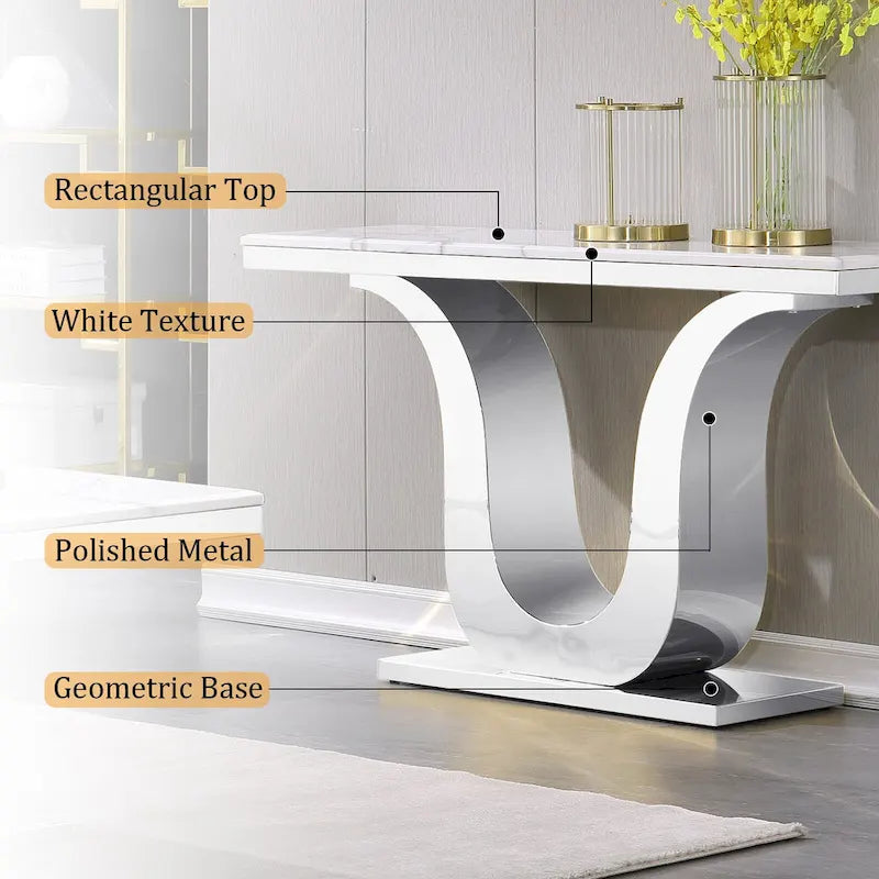 Mesa de consola de lujo de 50 pulgadas, rectangular, para sala de estar, mesa de entrada para sofá blanco con base en U de acero inoxidable