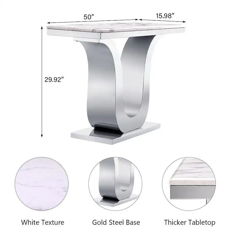 Mesa de consola de lujo de 50 pulgadas, rectangular, para sala de estar, mesa de entrada para sofá blanco con base en U de acero inoxidable