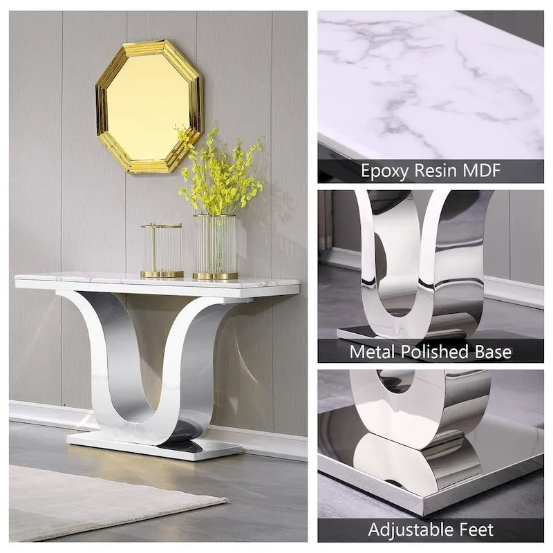 Mesa de consola de lujo de 50 pulgadas, rectangular, para sala de estar, mesa de entrada para sofá blanco con base en U de acero inoxidable