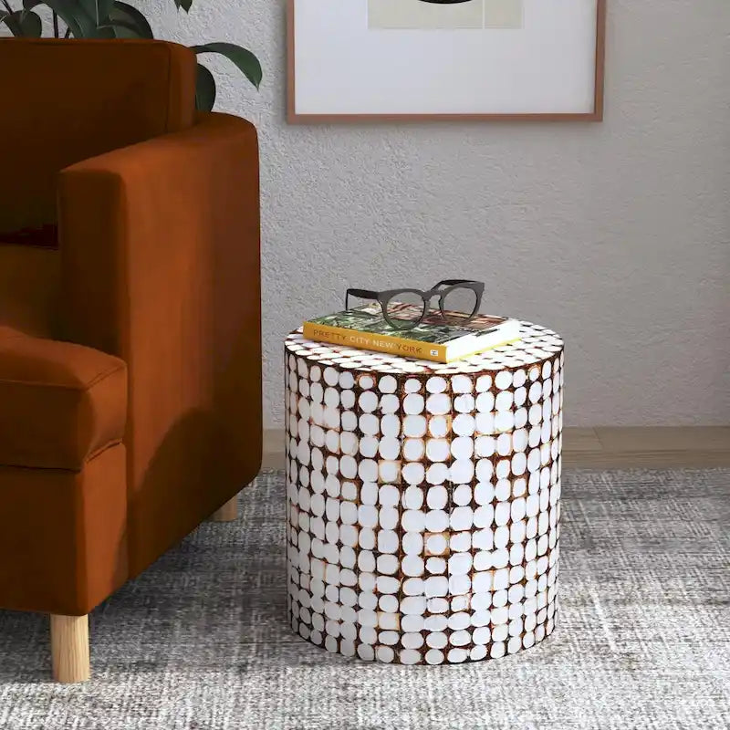 Round Coconut Shell Mosaic Accent Table by 