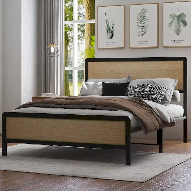 Cama con plataforma, Cama de caña bohemia, Cabecero y pie de cama de ratán natural